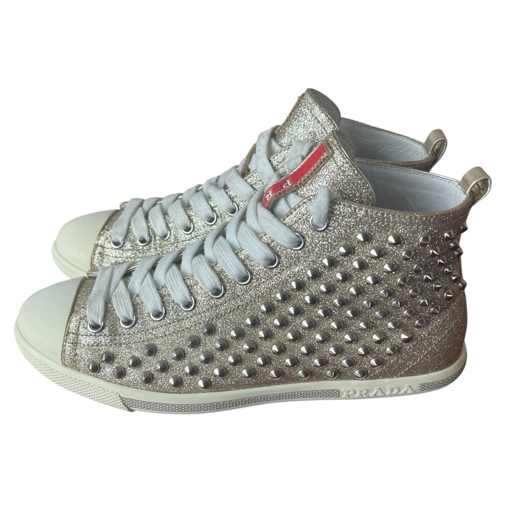 PRADA Glitter Leather Spiked High Top Sneakers Size 5.5/36
